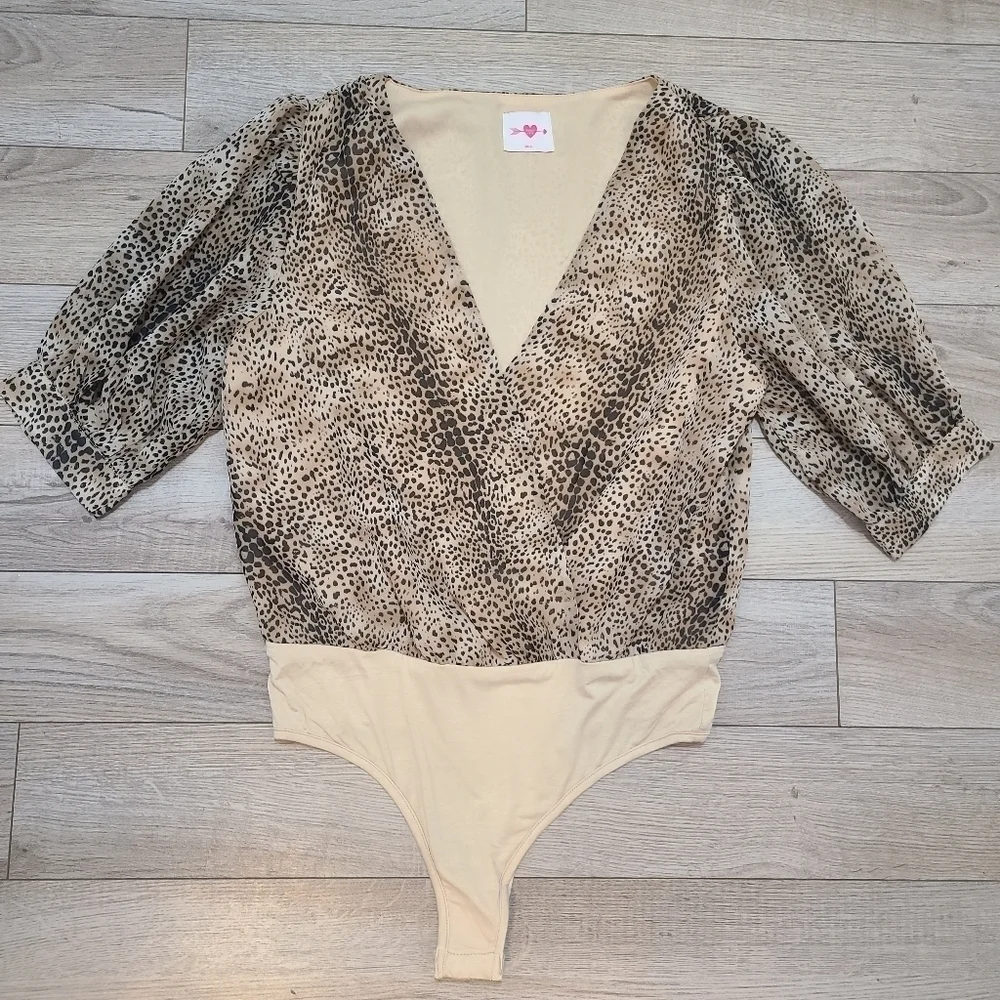 Buddy Love Faux Wrap Bodysuit Womens Small Twyla Surplice Leopard Cheetah Brown - Picture 7 of 9